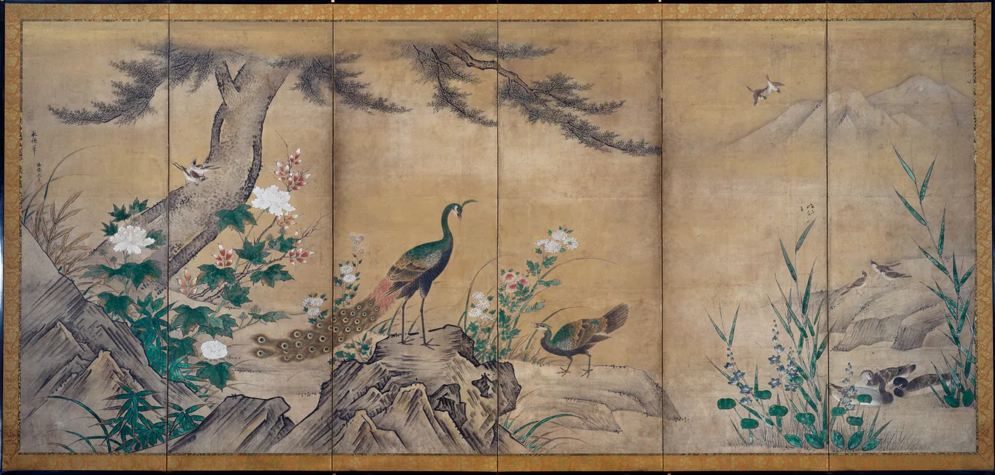鳥と花を描いた六曲屏風の一隻