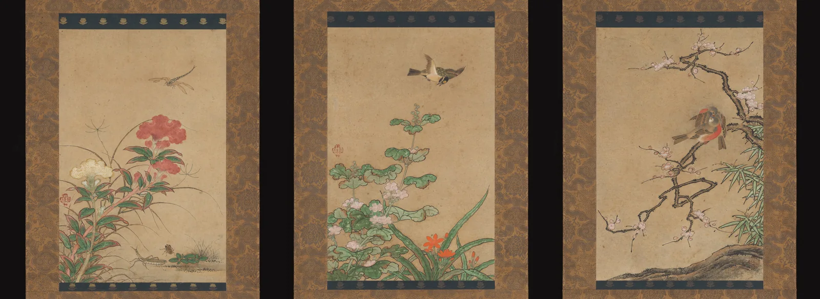 花鳥を描いた三幅の掛け軸（メトロポリタン美術館）